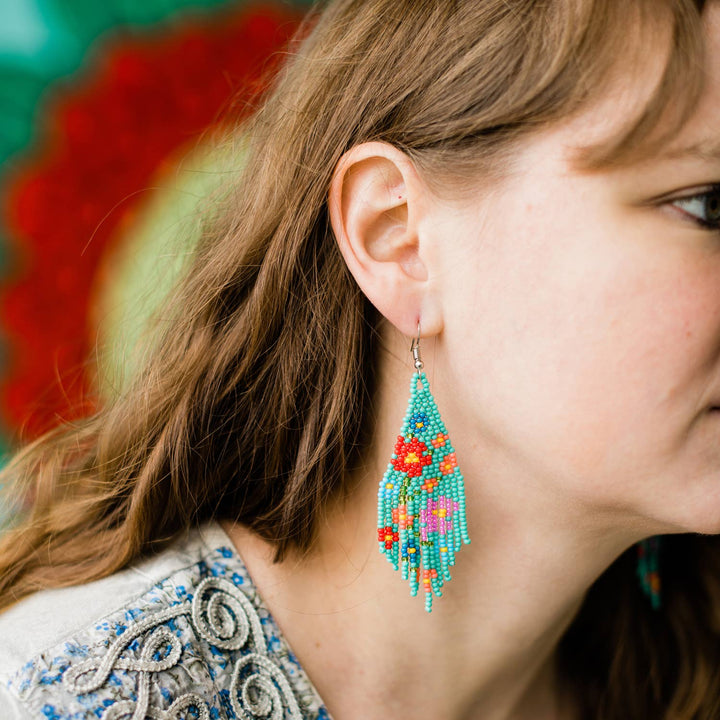 Flower Fringe Earrings: Turquoise
