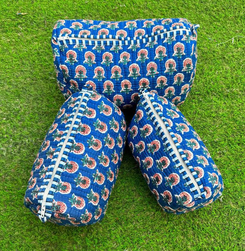 Blue Cotton Cosmetic Bag Floral Print Quilted Bag Travel Bag