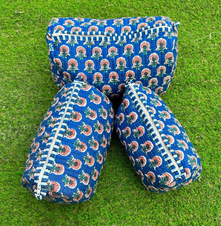 Blue Cotton Cosmetic Bag Floral Print Quilted Bag Travel Bag