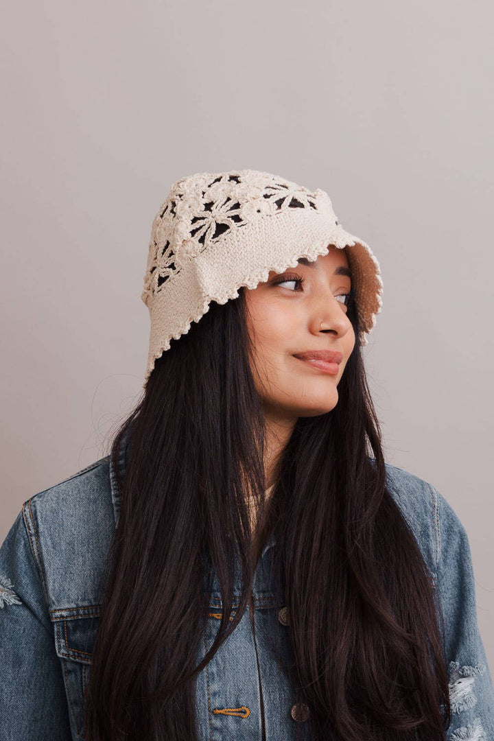 Floral Crochet Bucket Sun Hat: Taupe