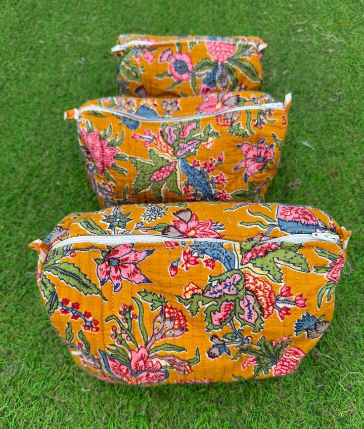 Large Cotton Quilted Block Print Bag Makeup Bag Toiletry Bag