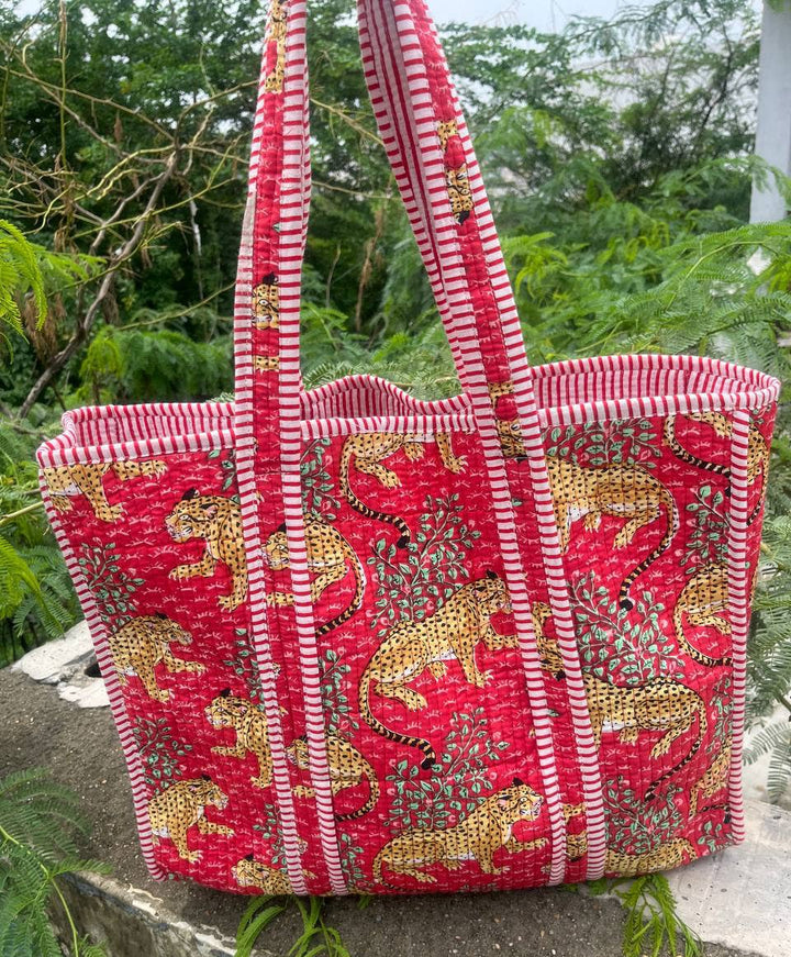 Tiger Printed Cotton Quilted Handbag Women Shoulder Bag Tote