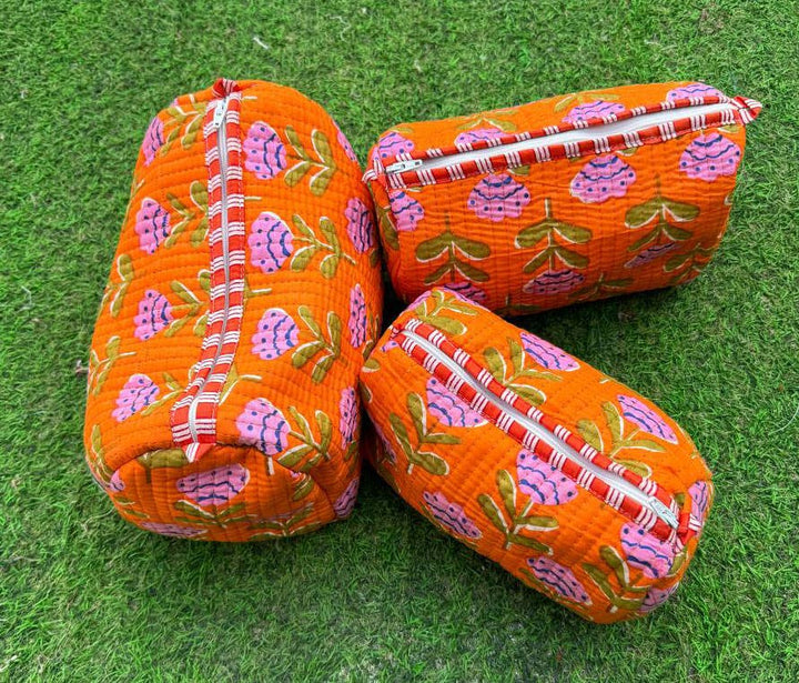 Orange Cotton Quilted Bag Small Floral Print Bag Makeup Bags