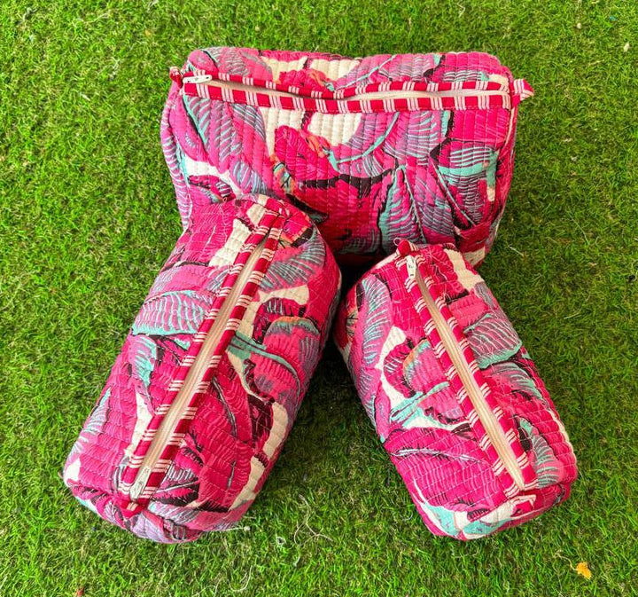 Leaf Printed Quilted Cotton Cosmetic Bag Toiletry Women Bags