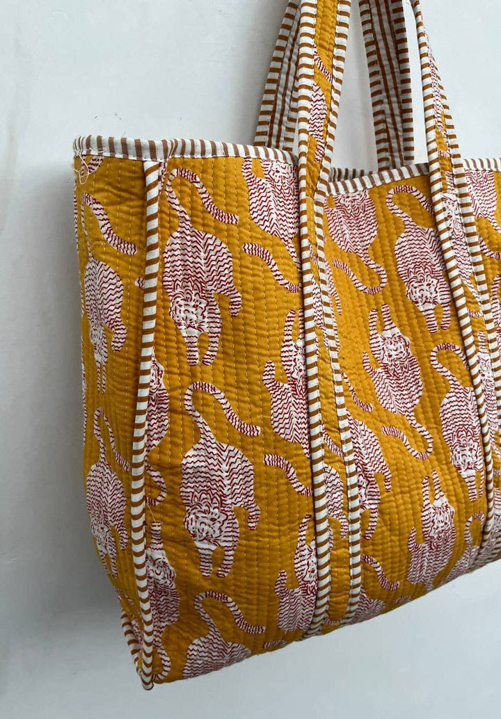 Yellow Women Bag Tiger Printed Cotton Quilted Bag Beach Bag