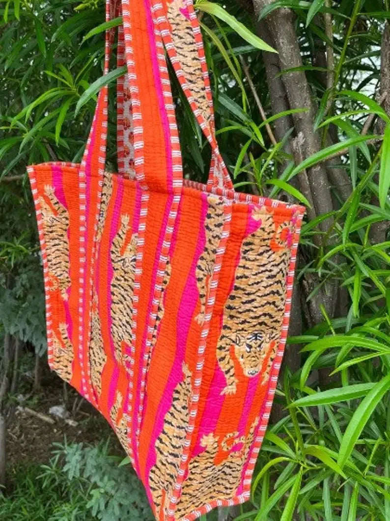 Tiger block Print Tote Bag Indian Handmade Cotton Shopping