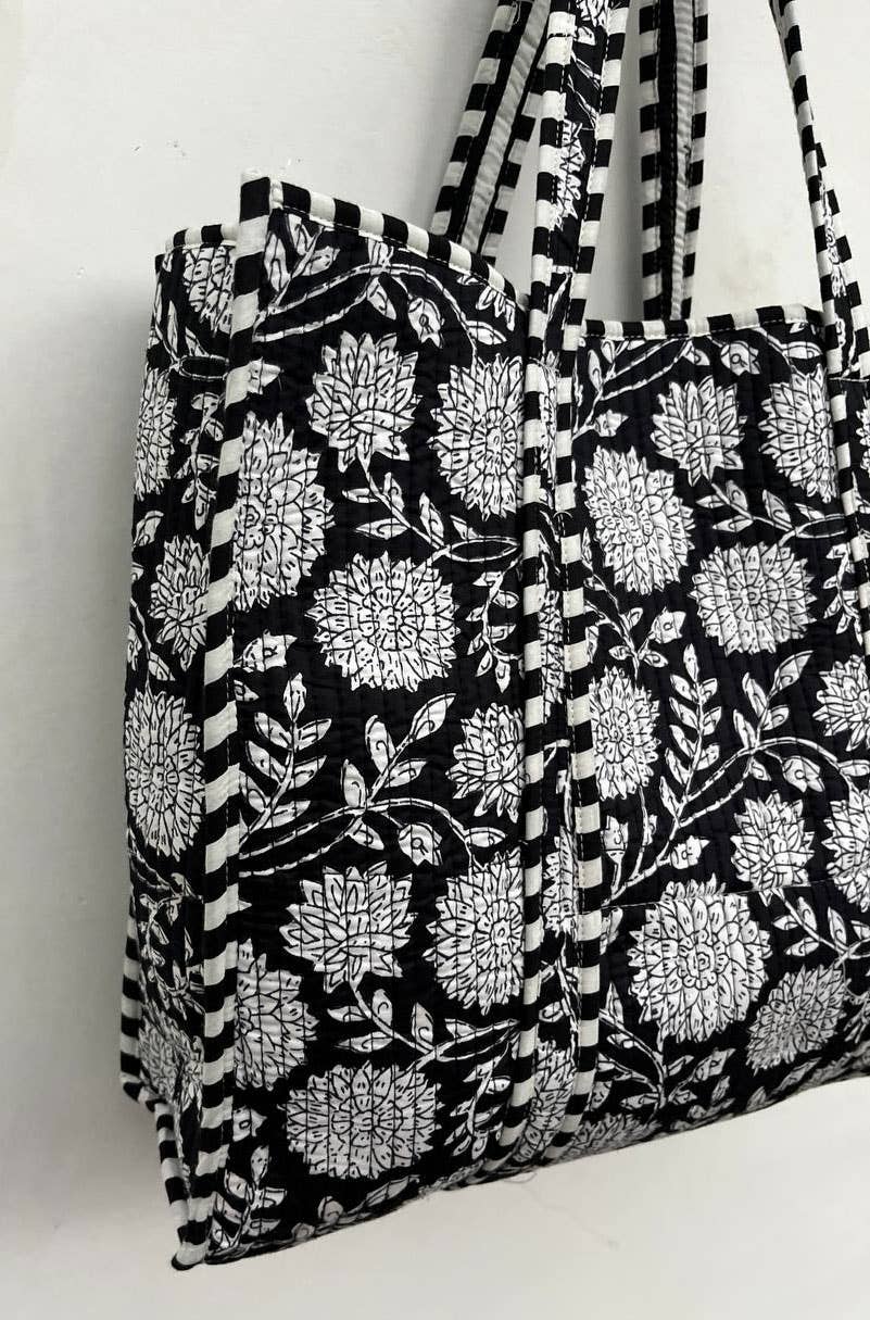 Black Cotton Women Floral Printed Bags Quilted Shopping Bags