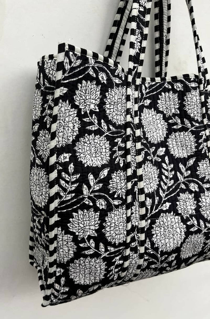 Black Cotton Women Floral Printed Bags Quilted Shopping Bags
