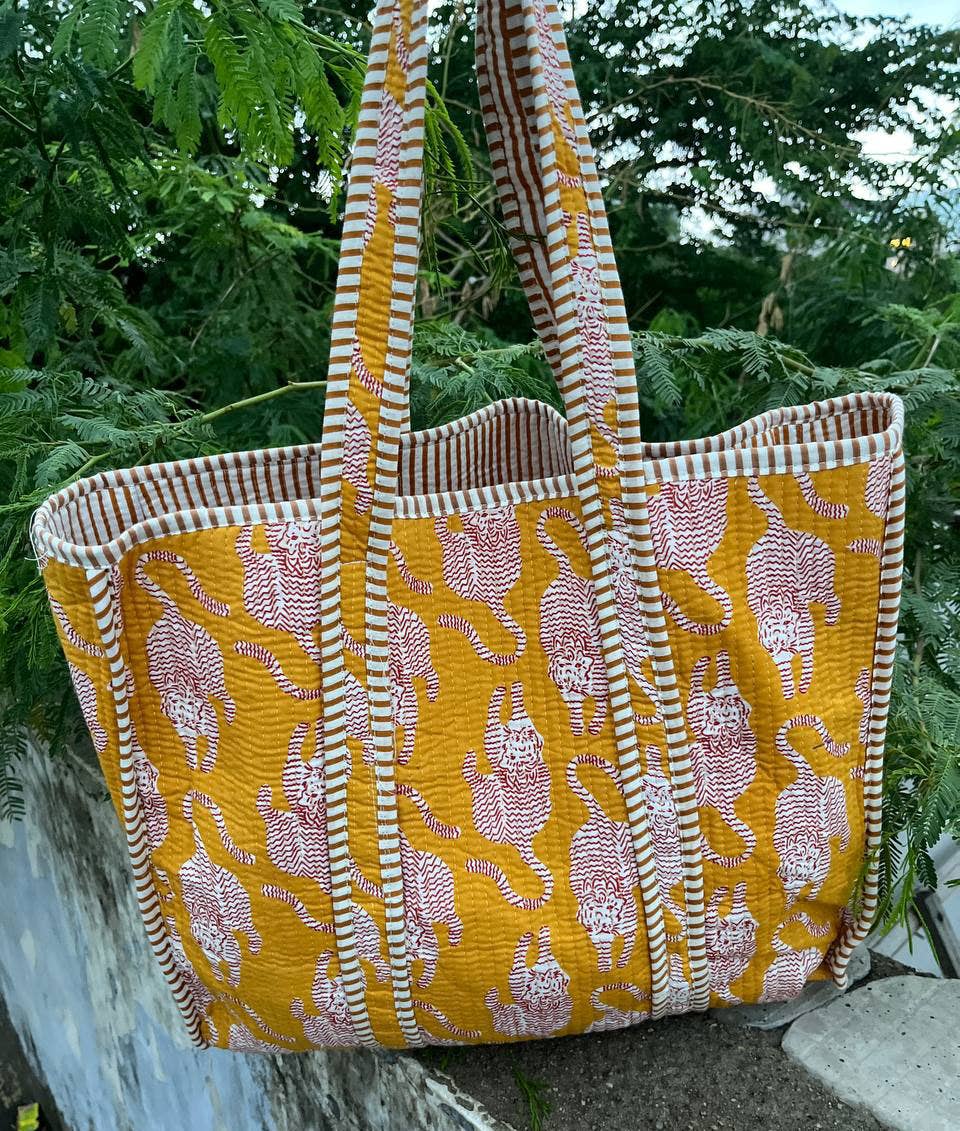 Yellow Women Bag Tiger Printed Cotton Quilted Bag Beach Bag