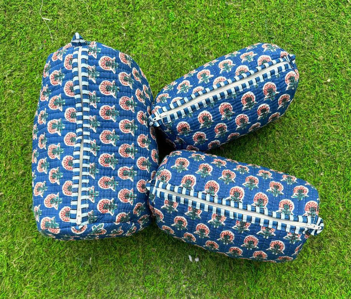 Blue Cotton Cosmetic Bag Floral Print Quilted Bag Travel Bag