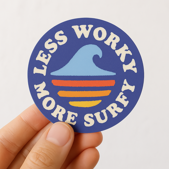Less Worky More Surfy | Retro Surf Waterproof Sticker 3"
