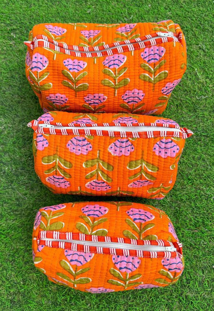 Orange Cotton Quilted Bag Small Floral Print Bag Makeup Bags