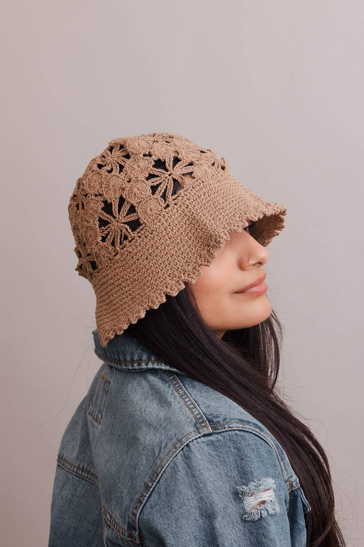 Floral Crochet Bucket Sun Hat: Taupe