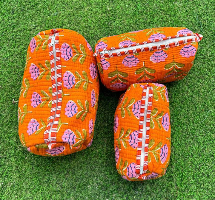 Orange Cotton Quilted Bag Small Floral Print Bag Makeup Bags