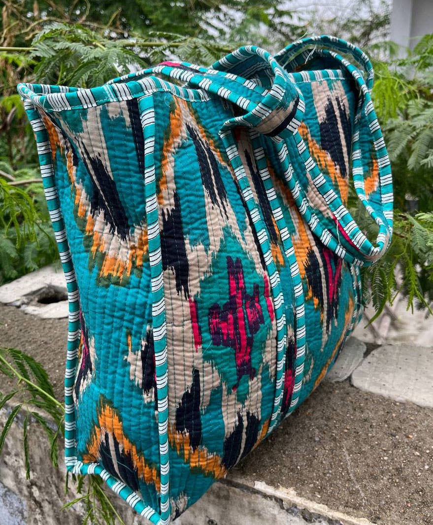 Ikat Print Tote Bags Indian Cotton Quilted Large Travel Bags