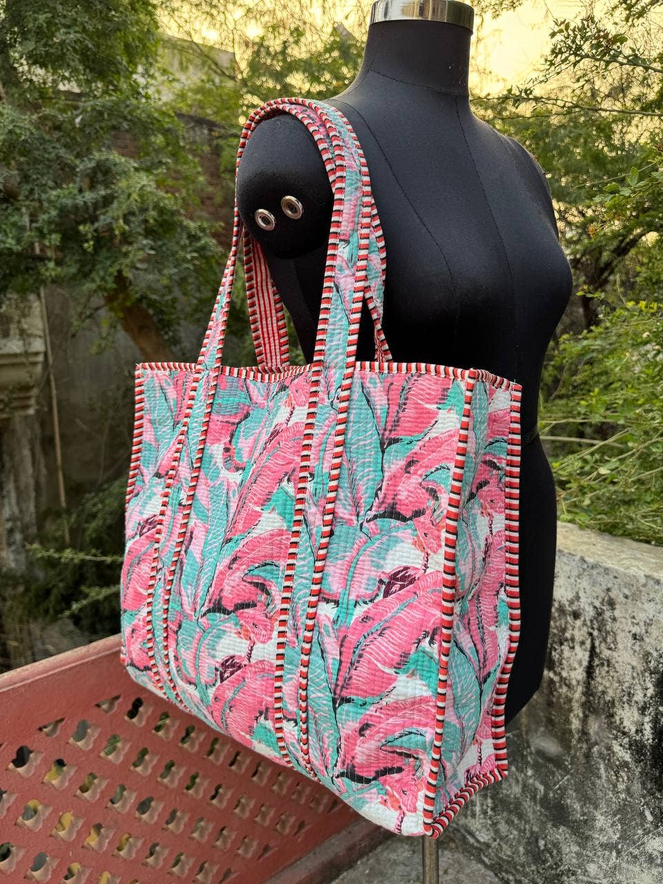 Leaf Printed Bag Quilted Bag Cotton Bag Beach Bag Makeup Bag