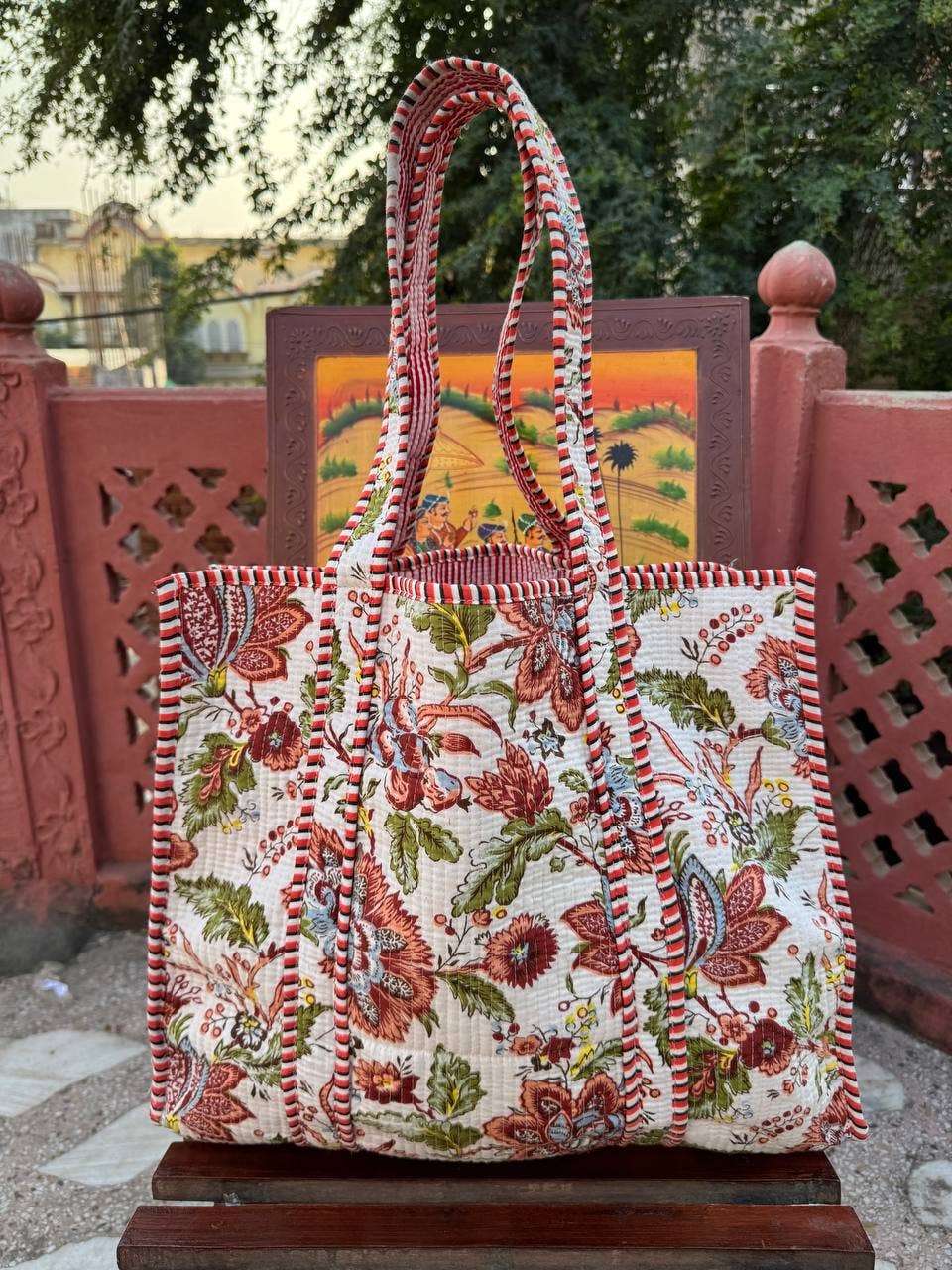White Cotton Quilted Bag Beautiful Block Printed Women Bags