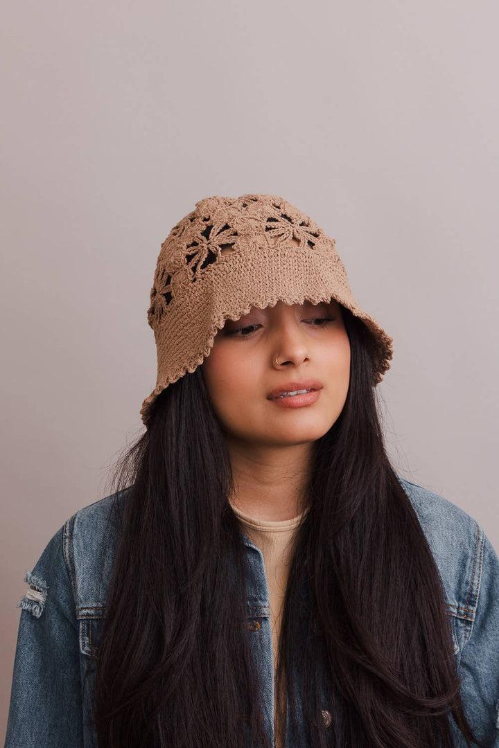 Floral Crochet Bucket Sun Hat: Taupe