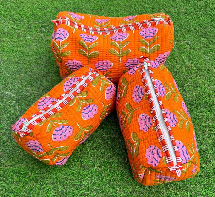 Orange Cotton Quilted Bag Small Floral Print Bag Makeup Bags