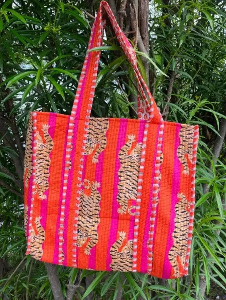 Tiger block Print Tote Bag Indian Handmade Cotton Shopping