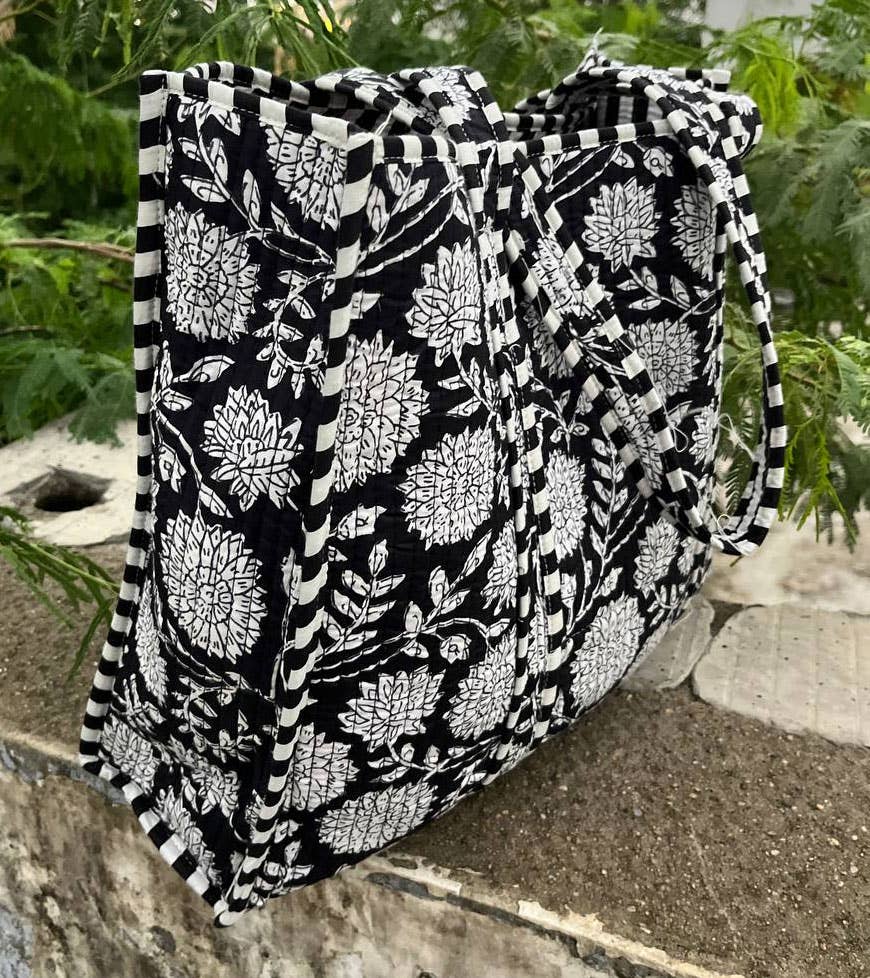 Black Cotton Women Floral Printed Bags Quilted Shopping Bags