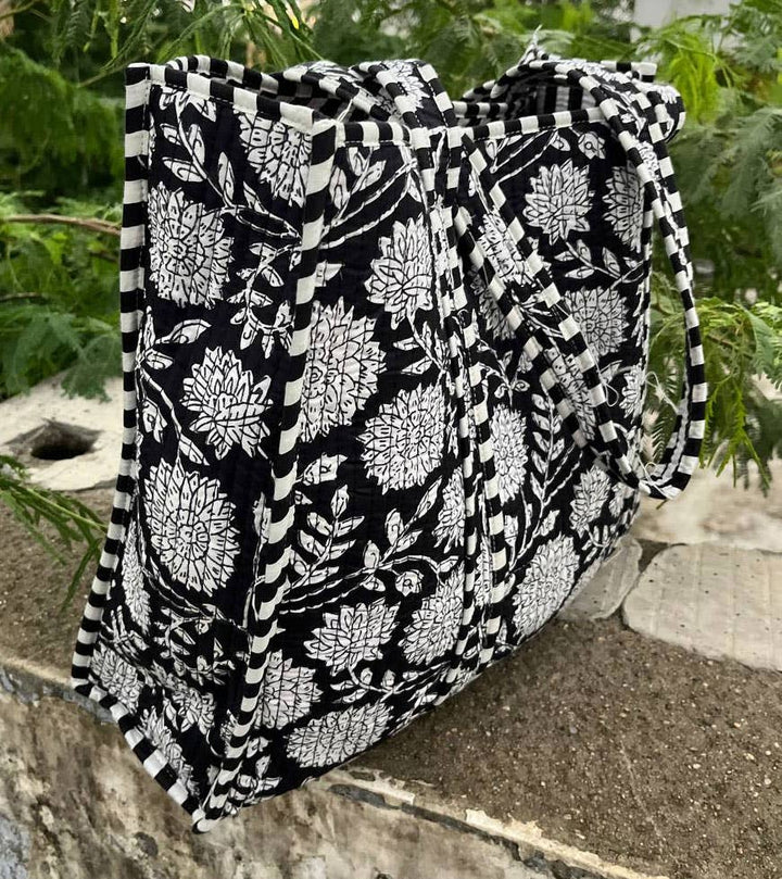 Black Cotton Women Floral Printed Bags Quilted Shopping Bags