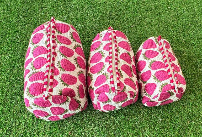 Strawberry Design Printed Cotton Quilted Pouch Cosmetic Bags