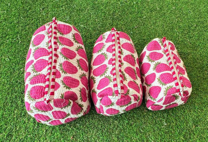 Strawberry Design Printed Cotton Quilted Pouch Cosmetic Bags