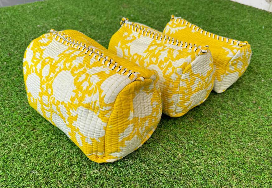Yellow Cosmetic Bag Toiletry Bag Indian Cotton Quilted Bags