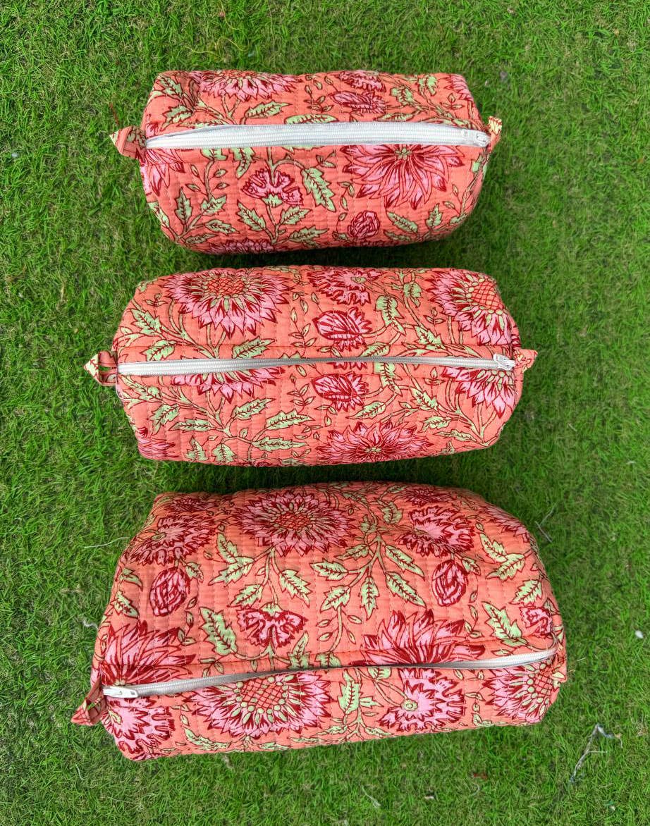 Cotton Block Printed Cosmetic Bag Large Quilted Toiletry Bag