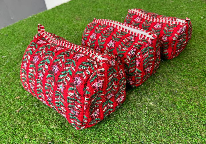 Block Print Cosmetic Bag Cotton Quilted Toiletry Women Bags