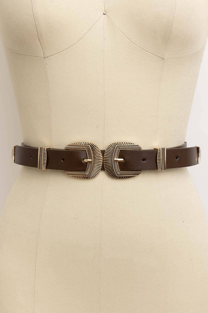 Bestseller! - Double Buckle Faux Leather Western Style Belt: Black
