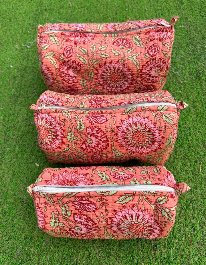 Cotton Block Printed Cosmetic Bag Large Quilted Toiletry Bag