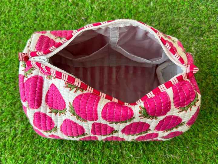 Strawberry Design Printed Cotton Quilted Pouch Cosmetic Bags