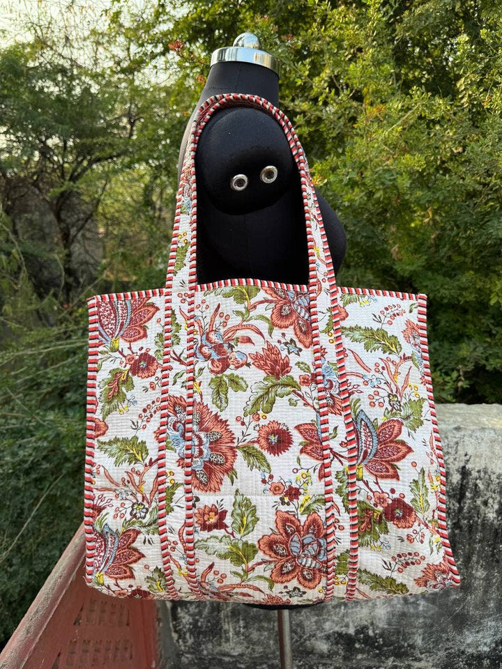 White Cotton Quilted Bag Beautiful Block Printed Women Bags