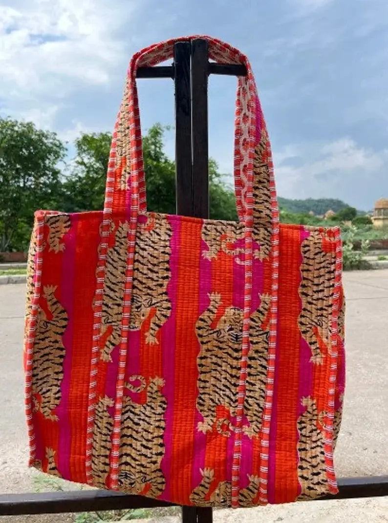 Tiger block Print Tote Bag Indian Handmade Cotton Shopping