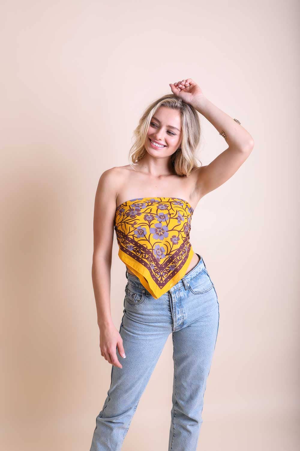 Boho Floral Anemone Bandana – Oversized Scarf in Yellow, Red: Black