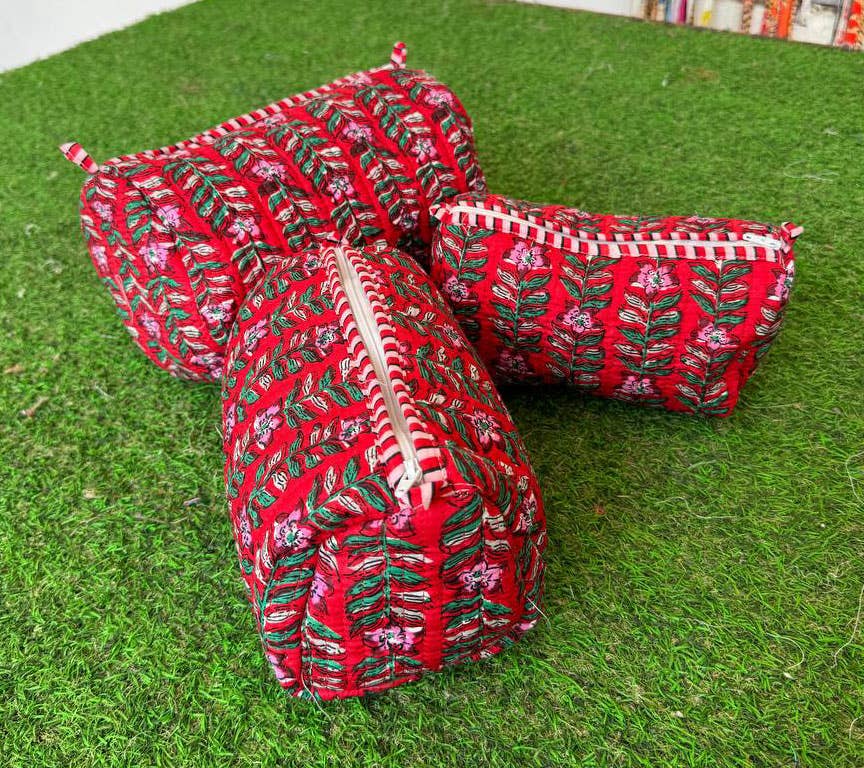 Block Print Cosmetic Bag Cotton Quilted Toiletry Women Bags