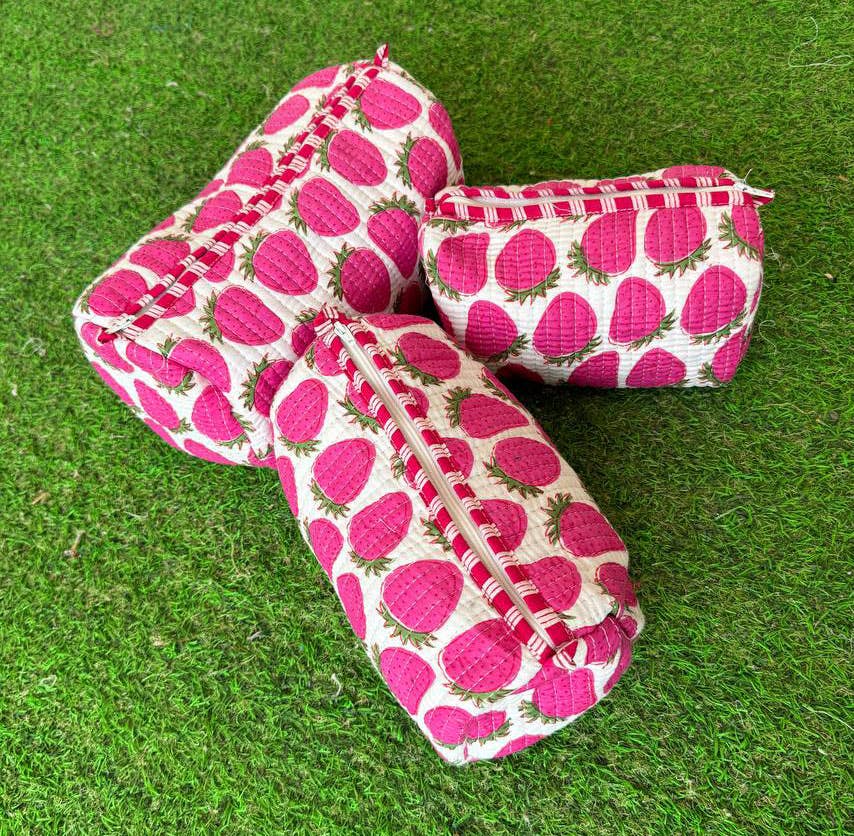 Strawberry Design Printed Cotton Quilted Pouch Cosmetic Bags
