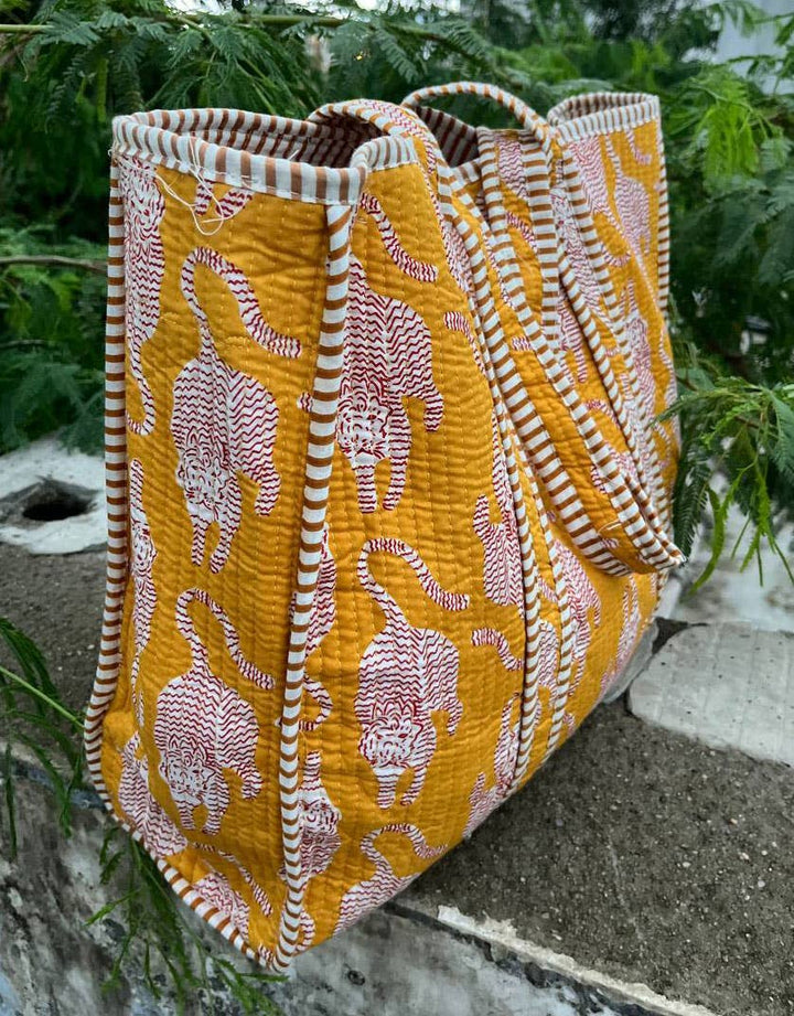 Yellow Women Bag Tiger Printed Cotton Quilted Bag Beach Bag