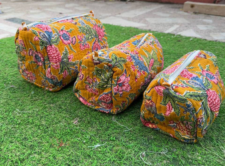 Large Cotton Quilted Block Print Bag Makeup Bag Toiletry Bag