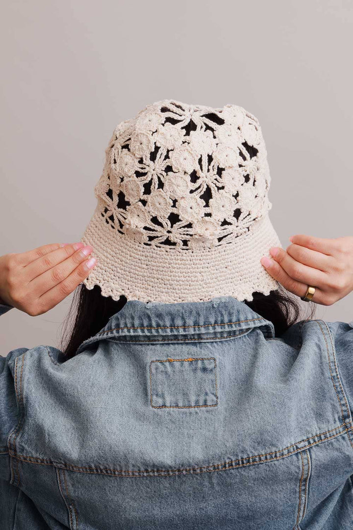 Floral Crochet Bucket Sun Hat: Taupe