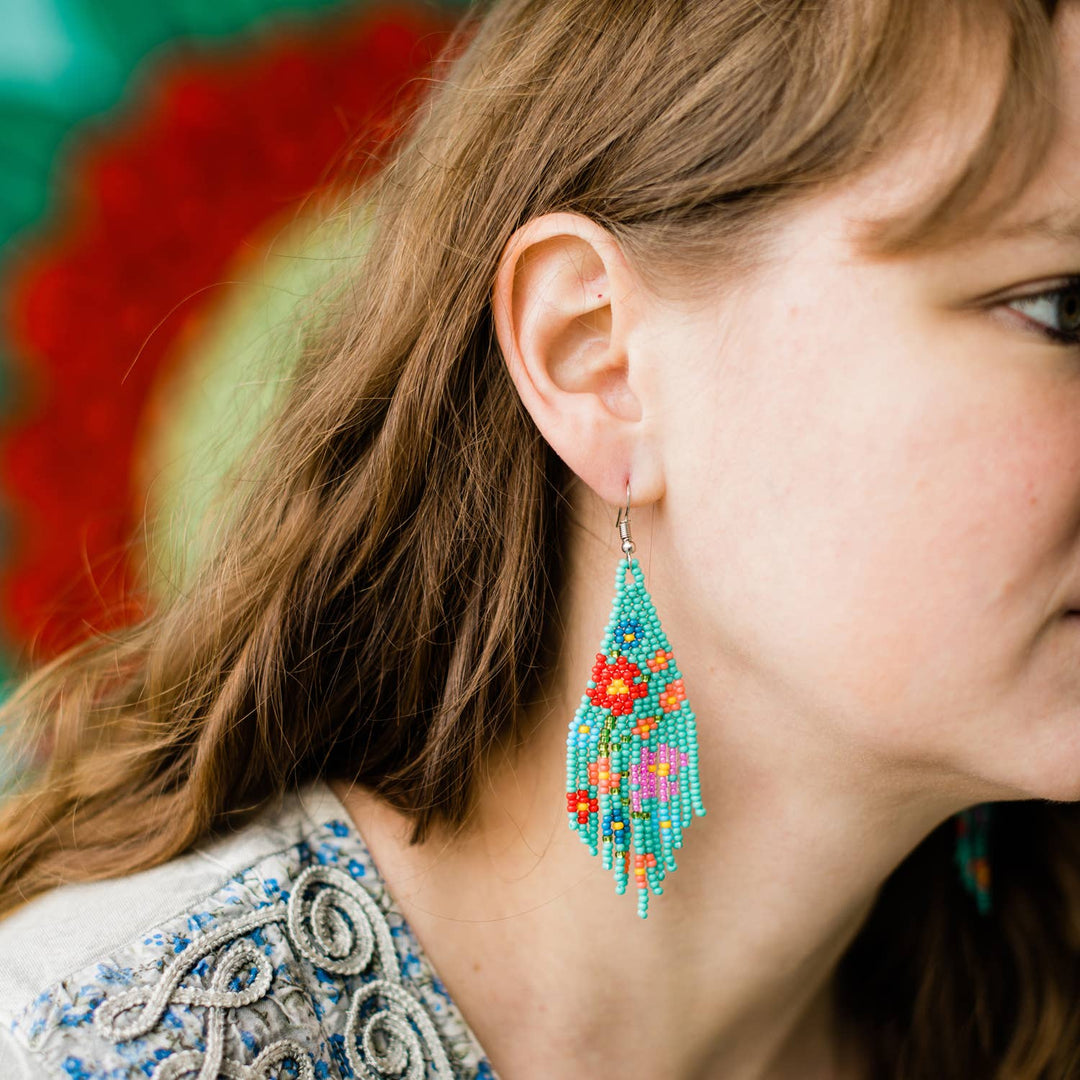 Flower Fringe Earrings: Turquoise